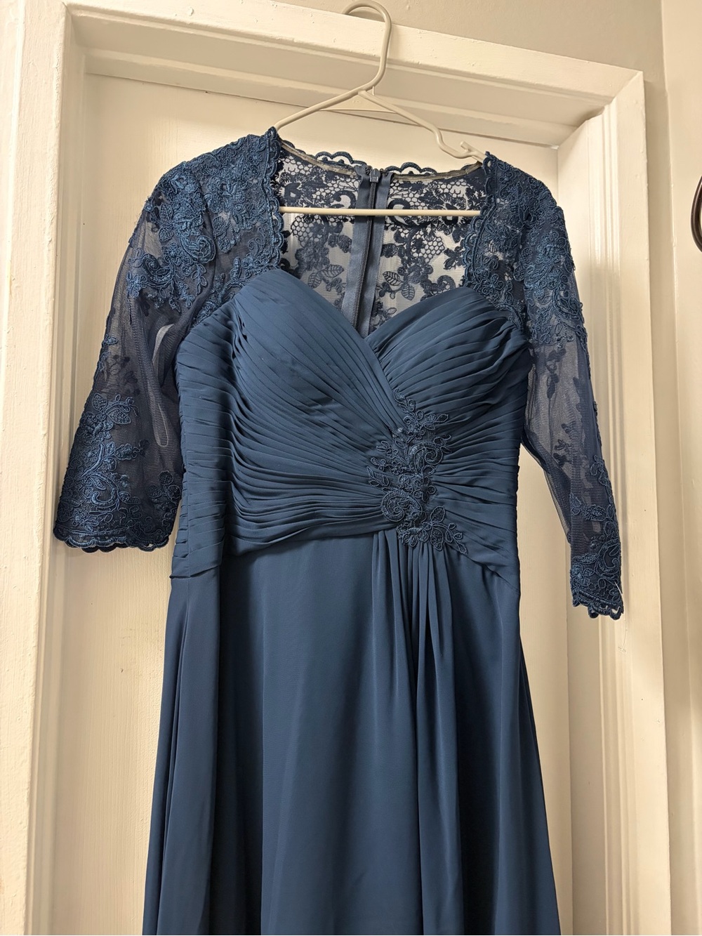 Azazie Slate Blue Lace-Sleeve Evening Gown